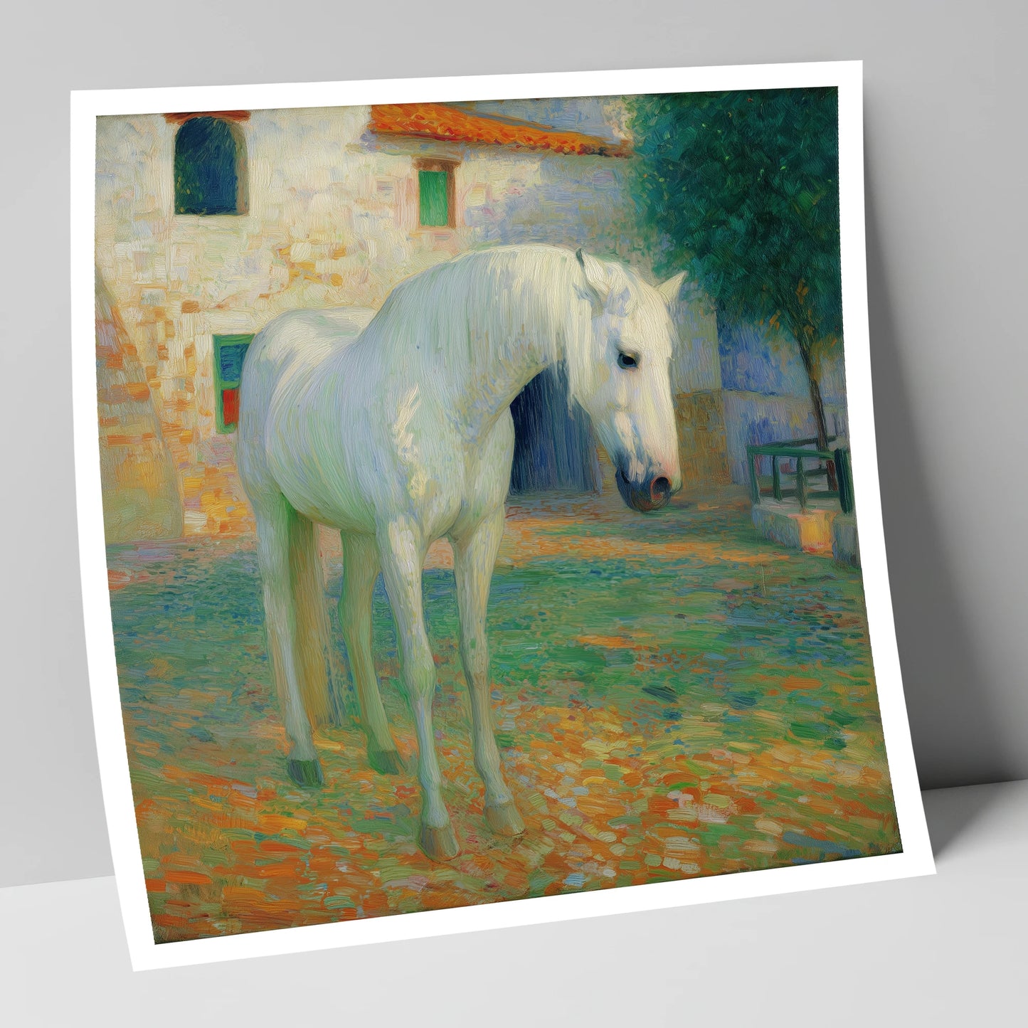 Sunlit Courtyard Grey horse breed art print