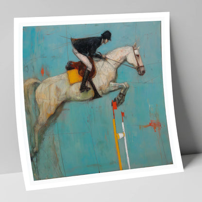 Airborne Over Teal show jumping horse art print