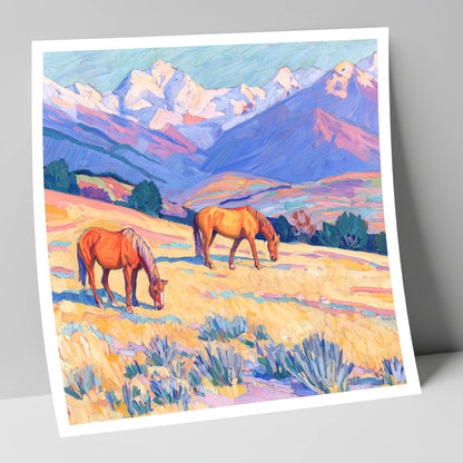 Grazing Beneath Violet Peaks horse landscape art print