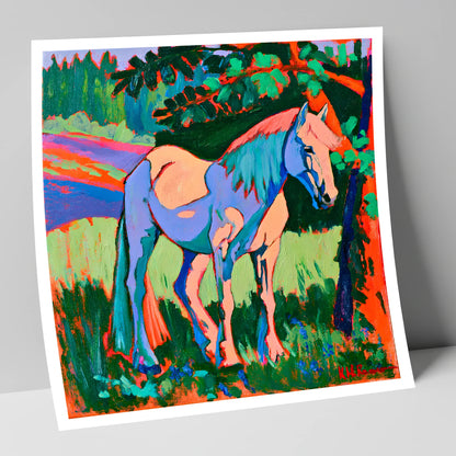 Vibrant Blue Horse Under Tree horse breed art print