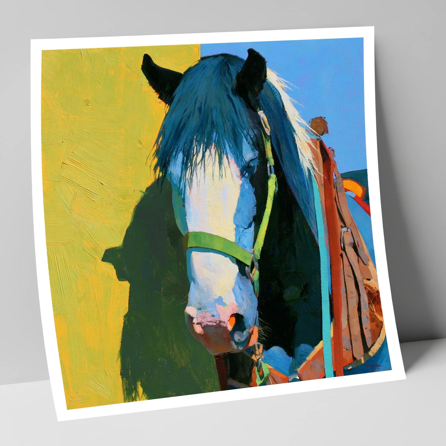 Tacked Horse Against Yellow Wall horse breed art print