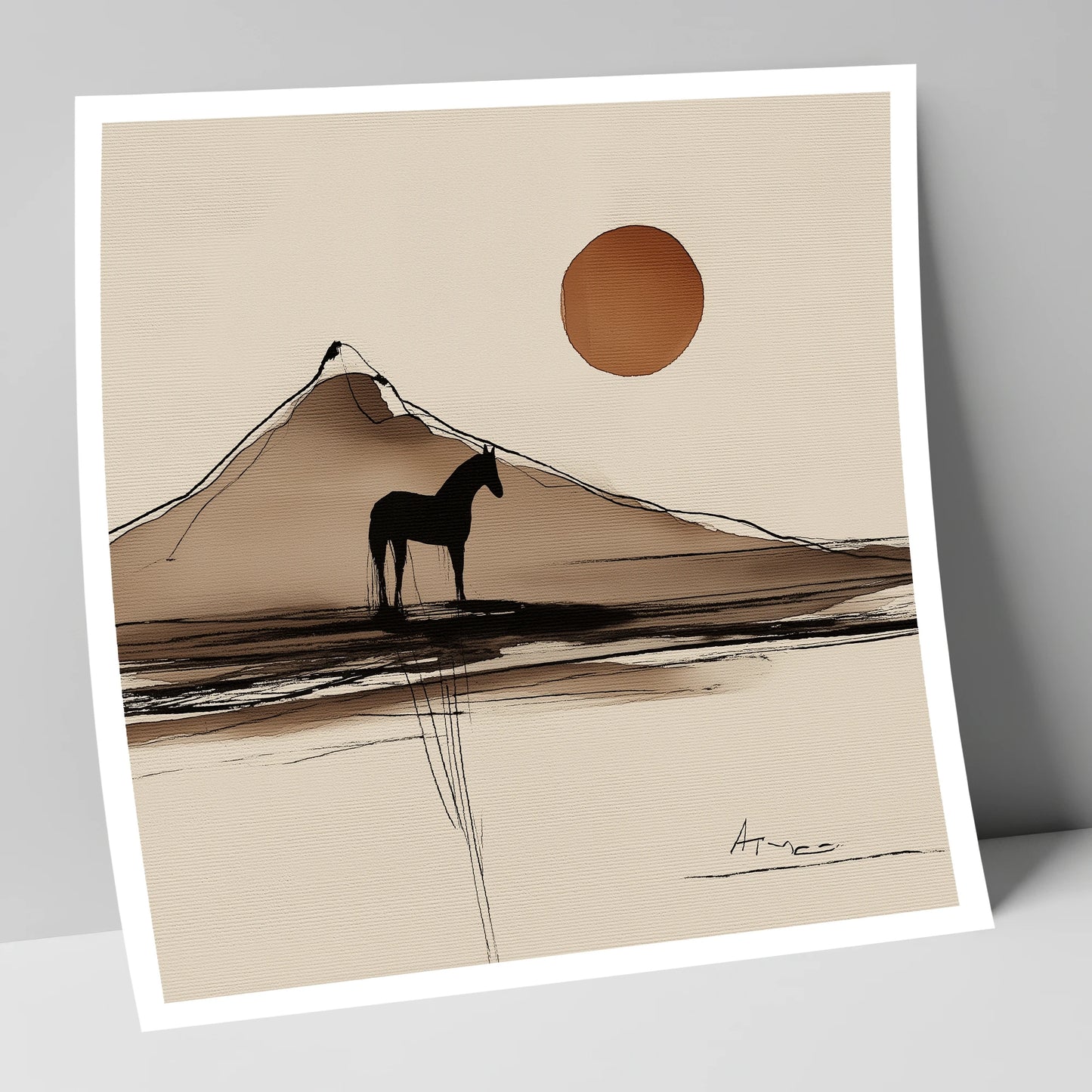 Sepia Mountain Silhouette horse landscape art print