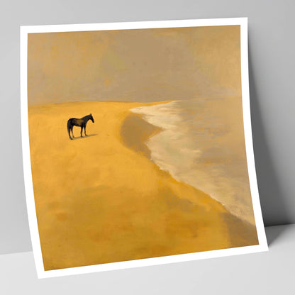 Golden Shoreline Solitude horse landscape art print
