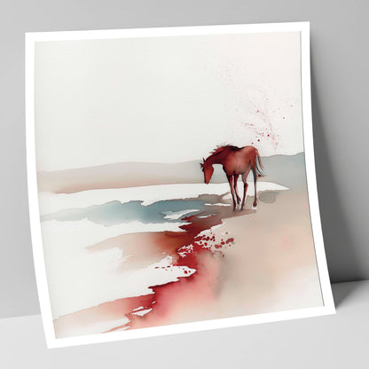 Crimson Waterside Solitude horse landscape art print