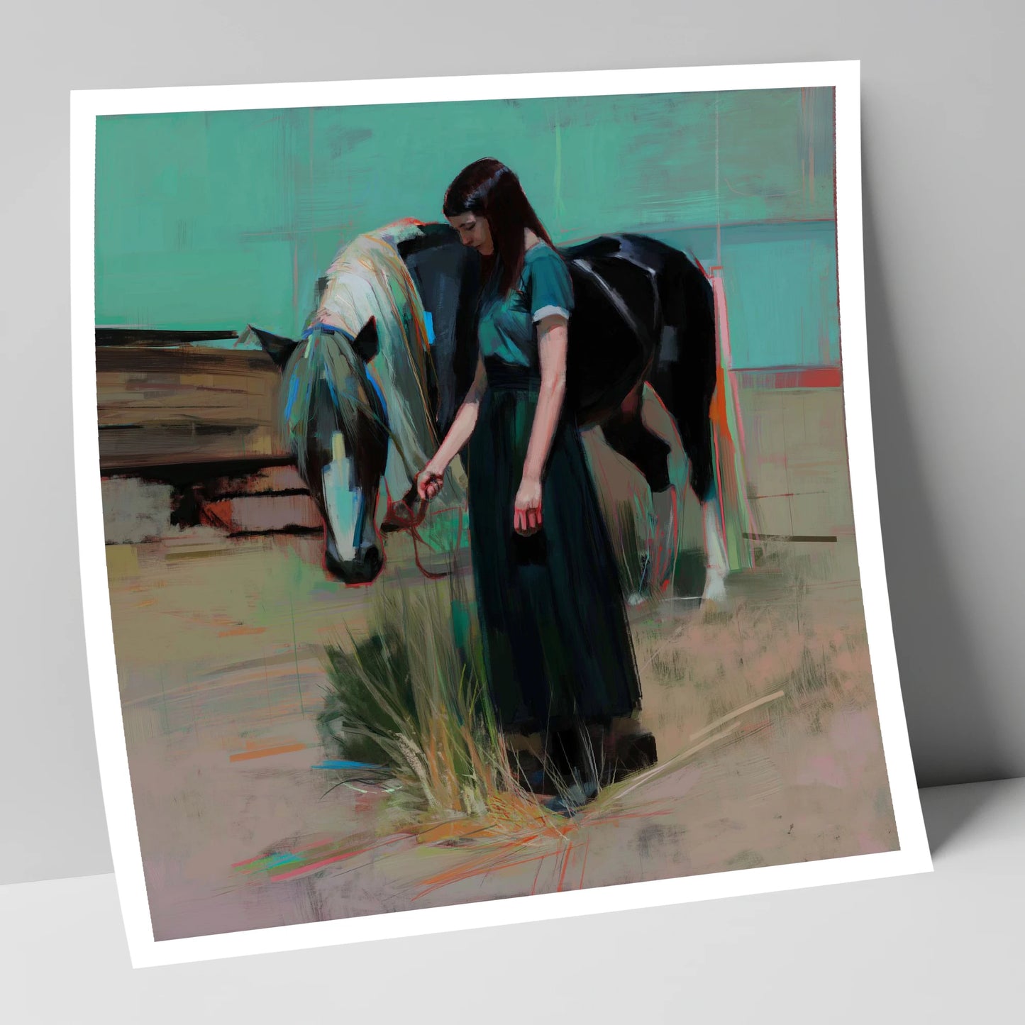 Stillness in Teal horse & rider art print