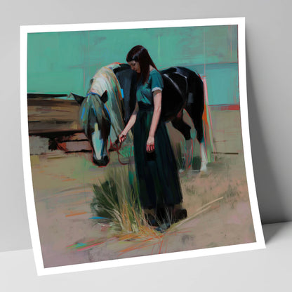 Stillness in Teal horse & rider art print