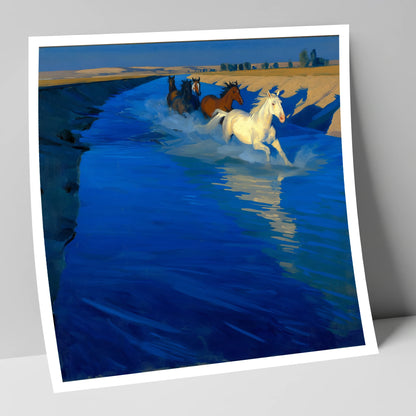 Azure Water Crossing wild horses art print