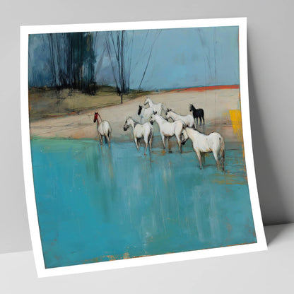 Wading in Teal Shallows wild horses art print