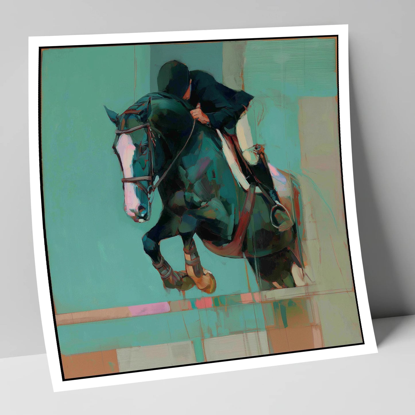 Suspended in Teal show jumping horse art print