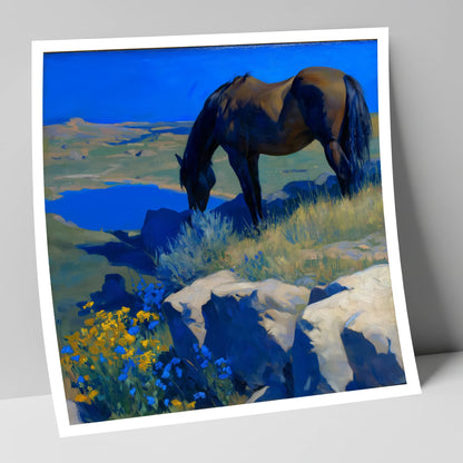 Cobalt Horizon Grazing horse landscape art print