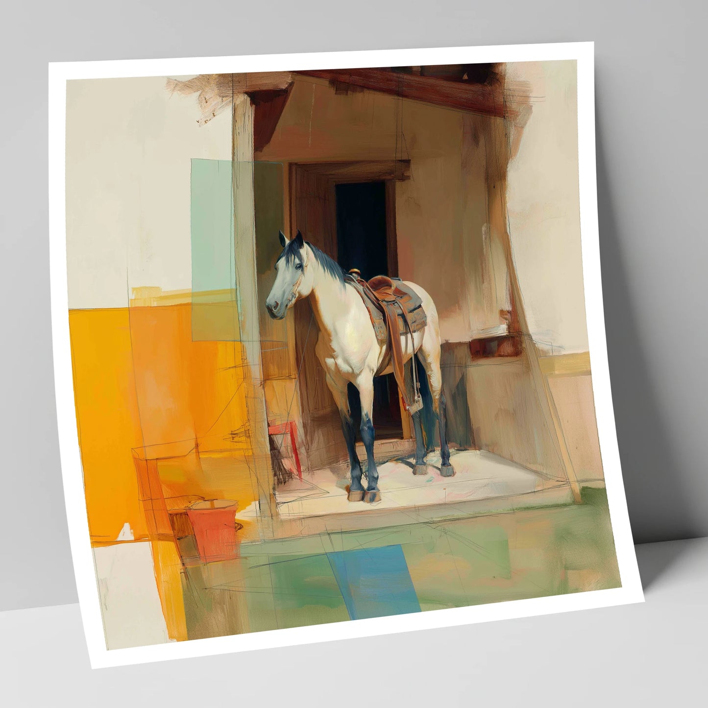 The Waiting Grey horse stable art print