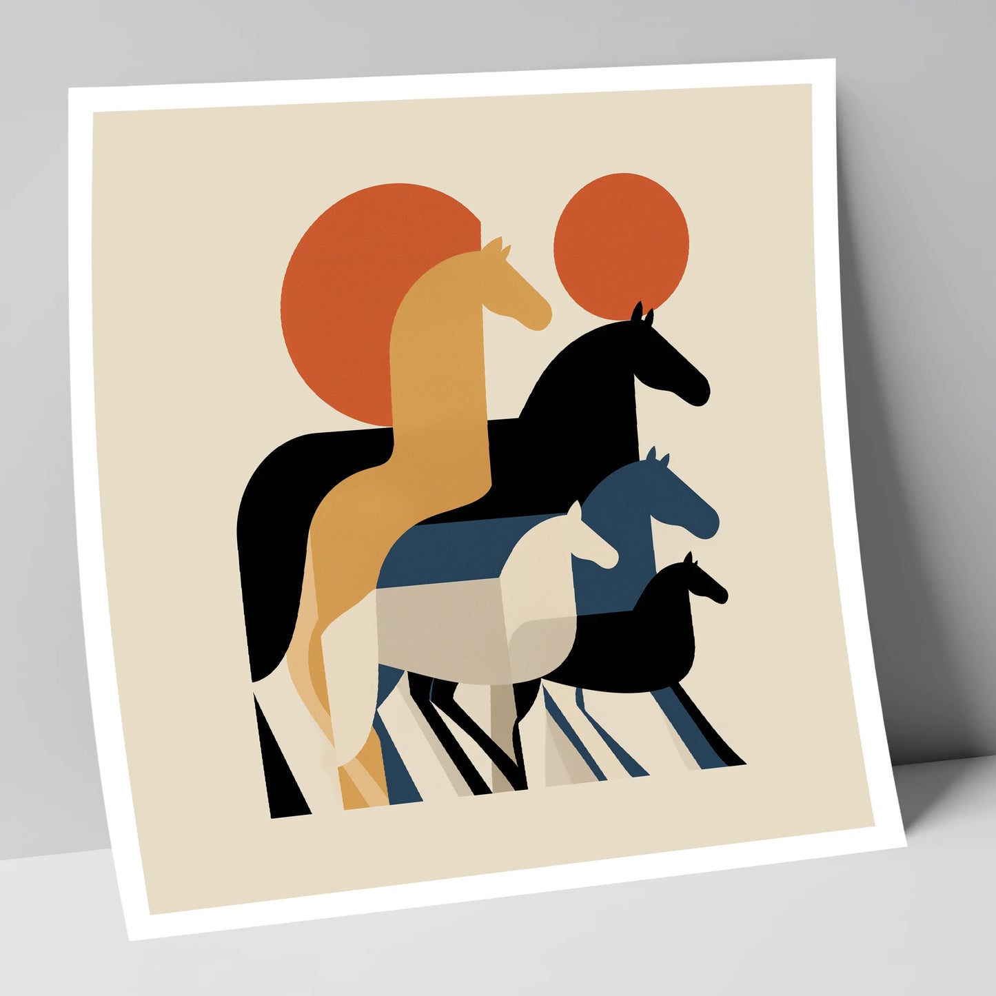 Geometric Sunrise Herd wild horses art print