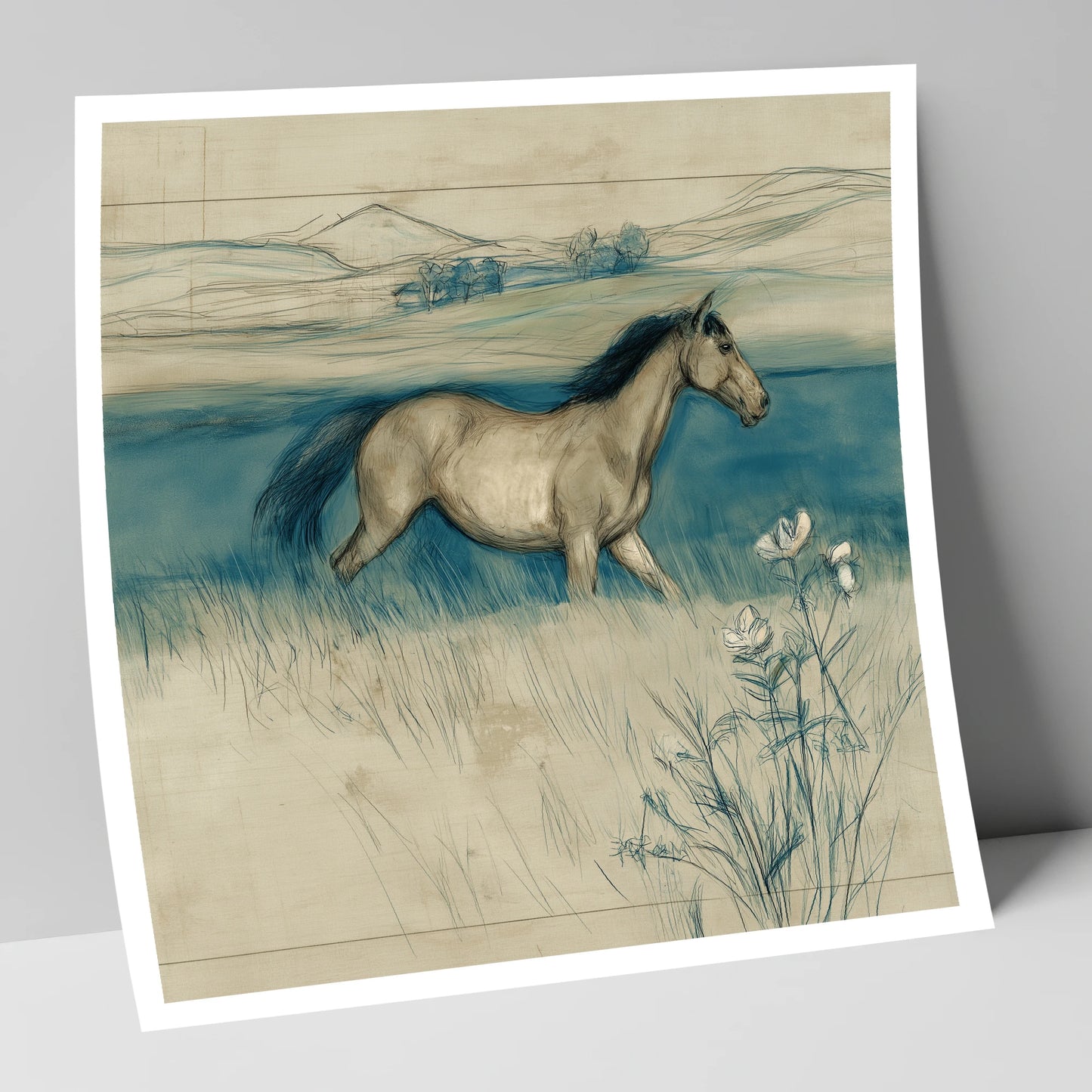 Teal Horizon Canter horse landscape art print