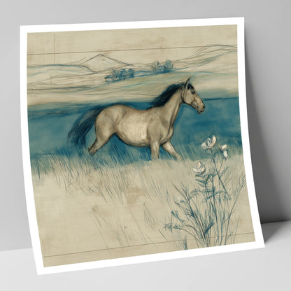 Teal Horizon Canter horse landscape art print