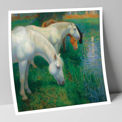 Luminous Riverside Grazing horse landscape art print