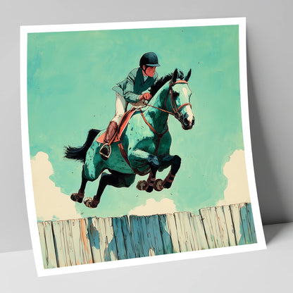 Teal Airborne Leap show jumping horse art print