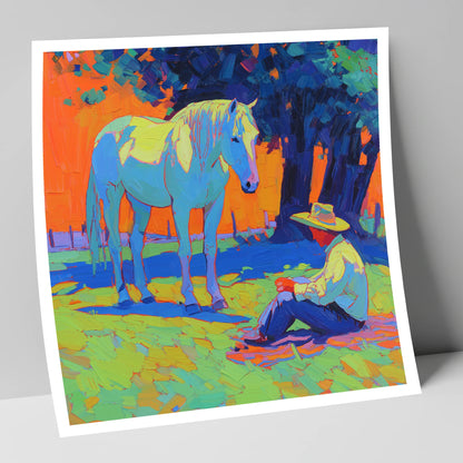 Vibrant Sunset Companion horse & rider art print
