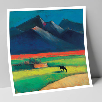 Grazing Beneath Indigo Peaks horse landscape art print