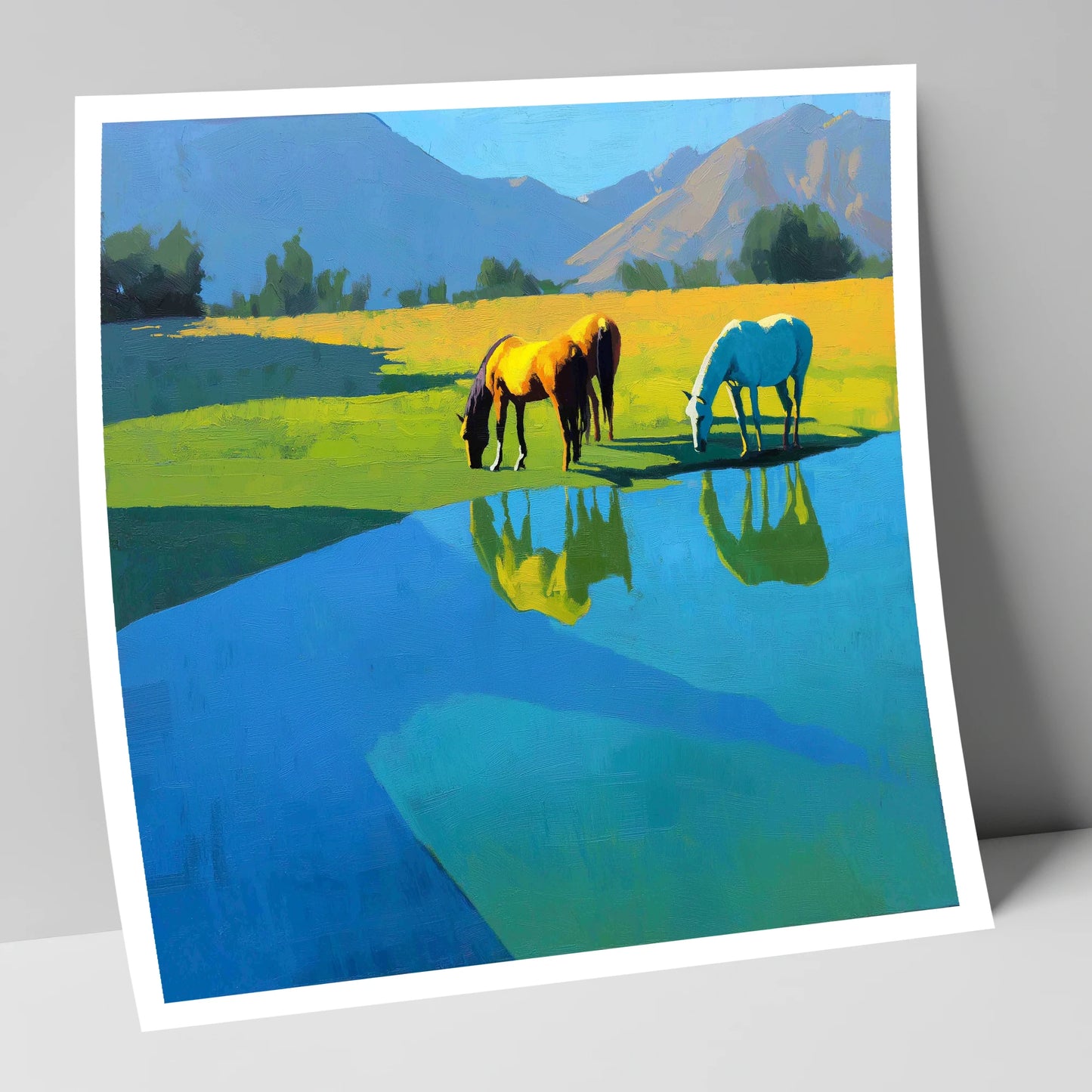 Sunlit Waterside Grazing wild horses art print