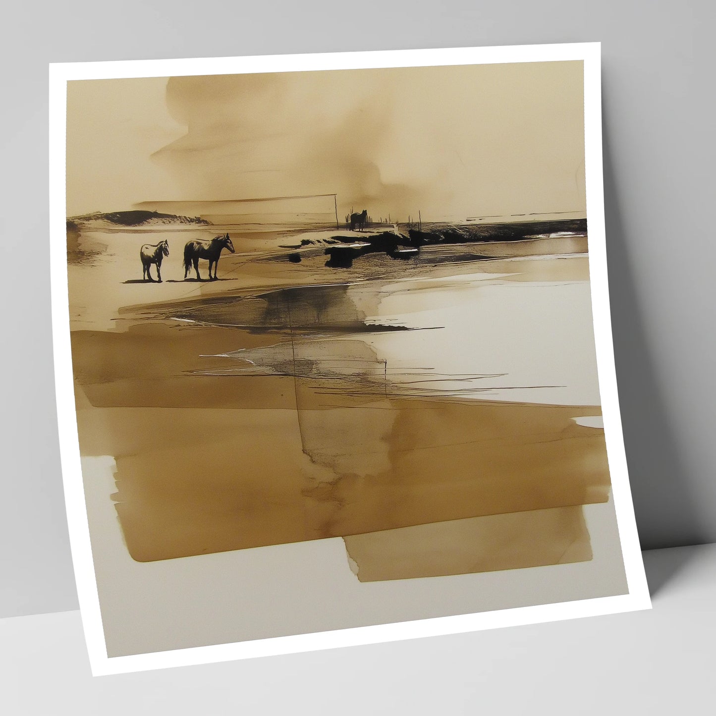 Sepia Shoreline Drift horse landscape art print