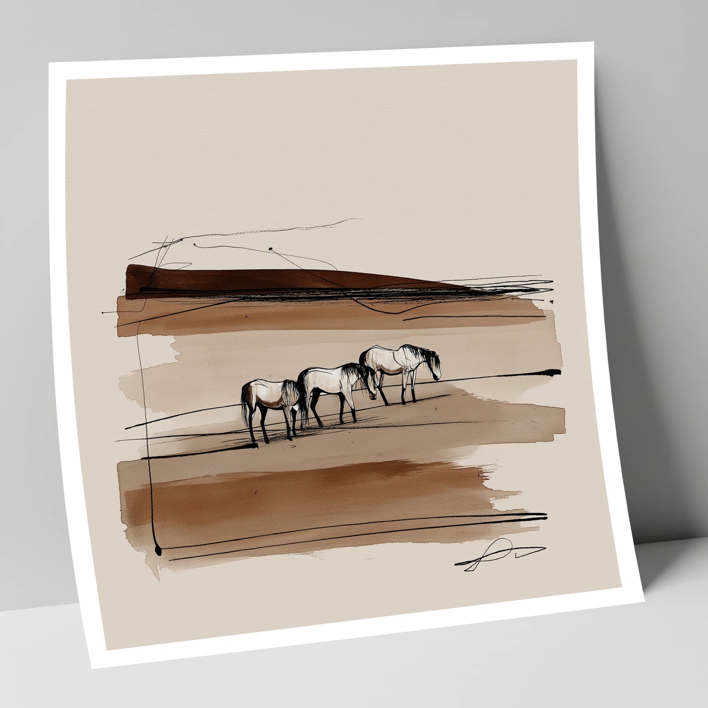 Minimalist Sepia Herd wild horses art print