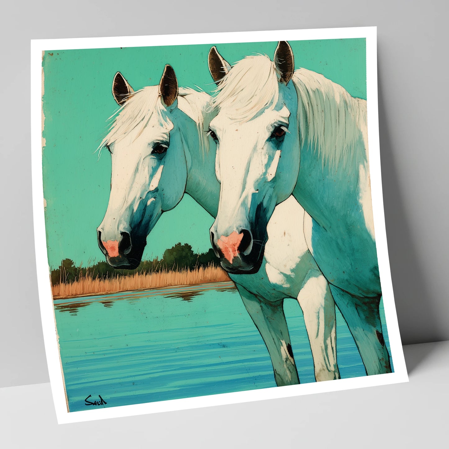 Companions in Teal Waters horse landscape art print