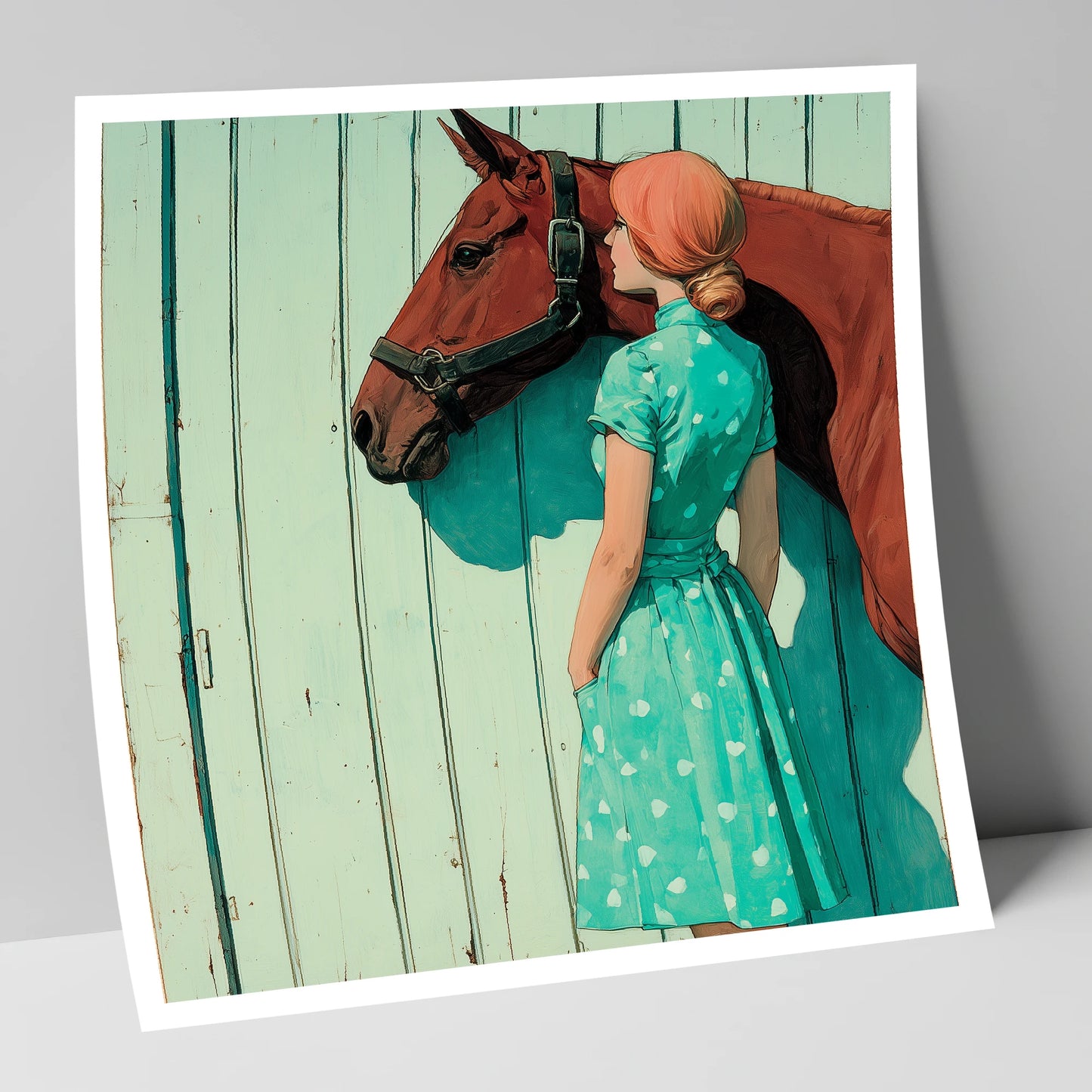 Shadows in Mint and Chestnut horse & rider art print