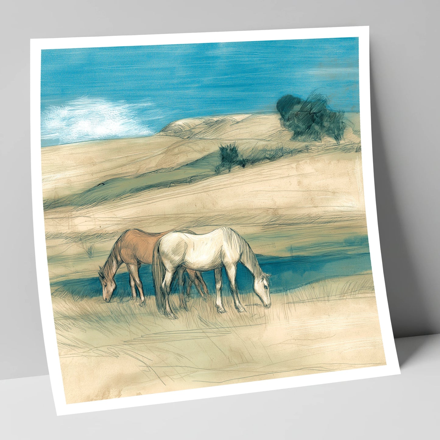 Grazing Beneath Teal Skies horse landscape art print