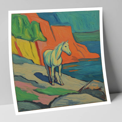 Vibrant Coastal Grey horse landscape art print