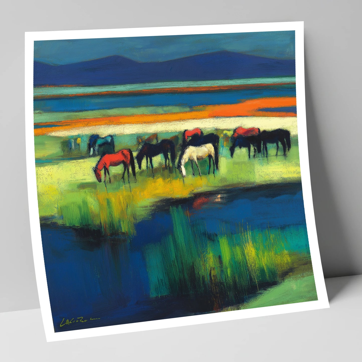 Vibrant Grazing Herd wild horses art print