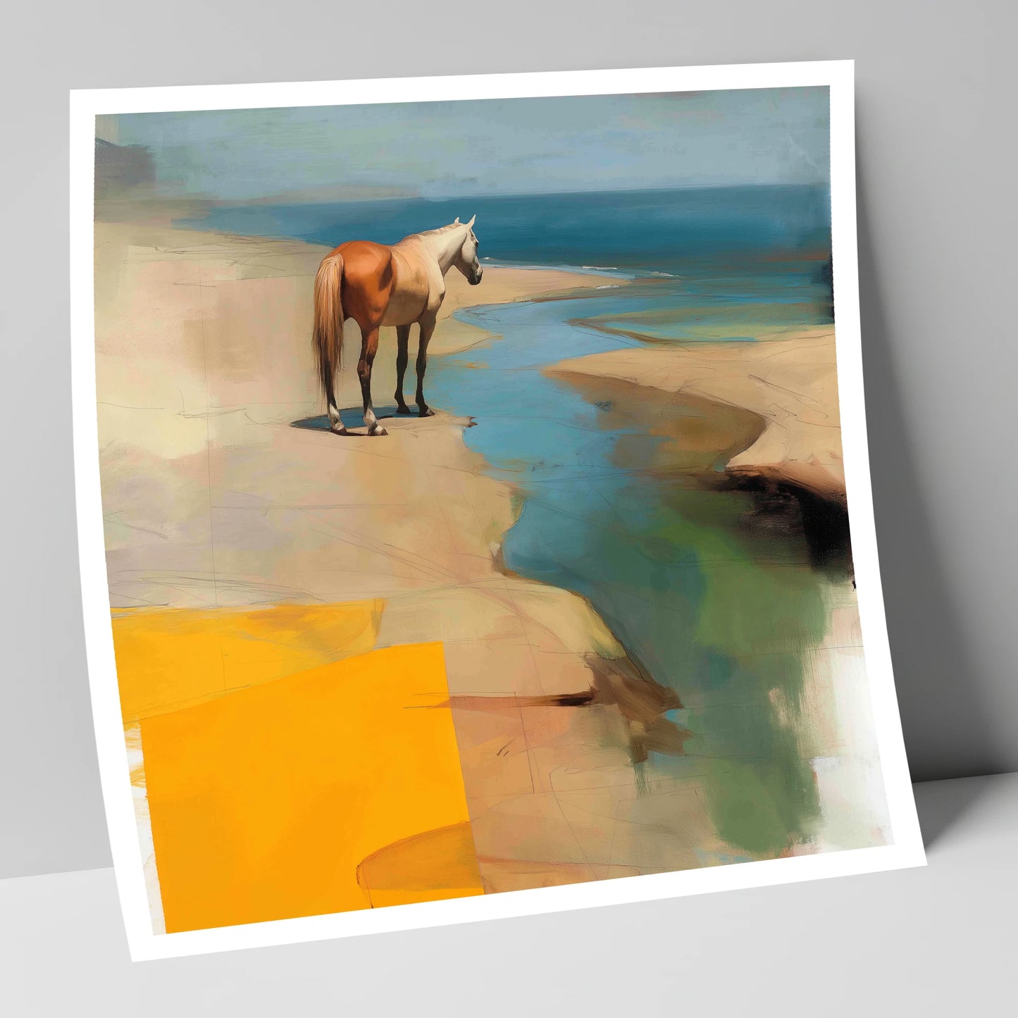 Golden Shoreline Solitude horse landscape art print