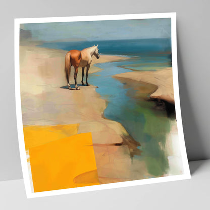 Golden Shoreline Solitude horse landscape art print