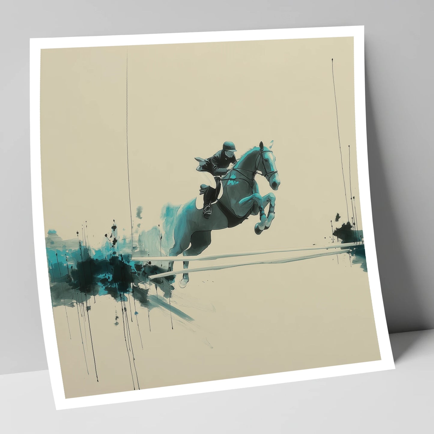 Airborne in Teal show jumping horse art print