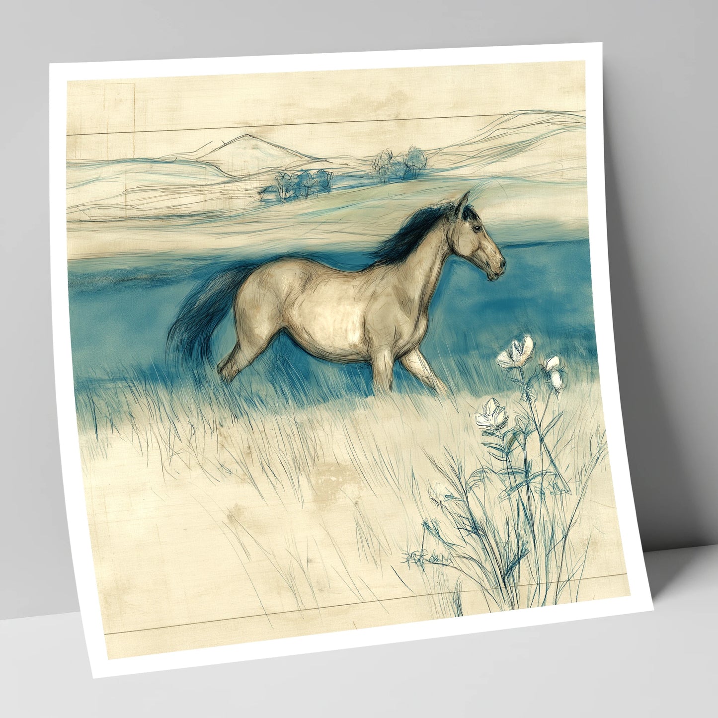 Teal Horizon Canter horse landscape art print