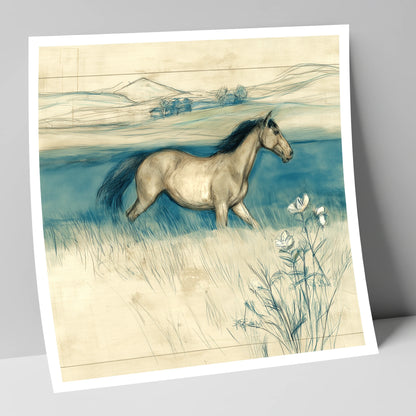 Teal Horizon Canter horse landscape art print