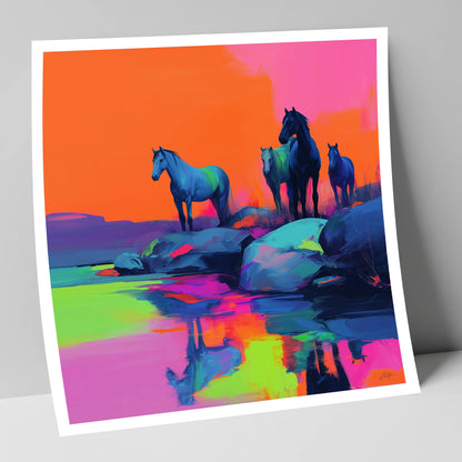 Neon Horizon Horses wild horses art print