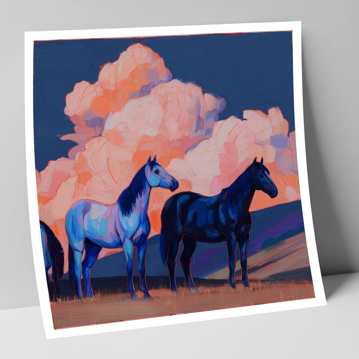 Indigo Horses Beneath Pastel Skies horse landscape art print