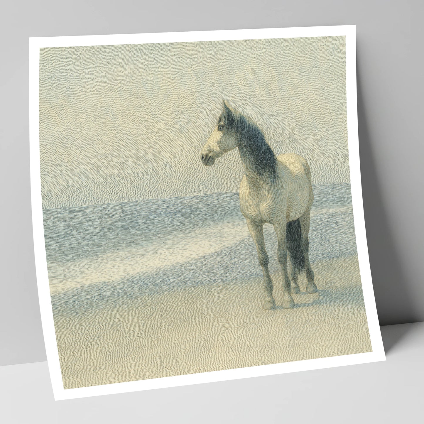 Solitary Shoreline Grey horse landscape art print