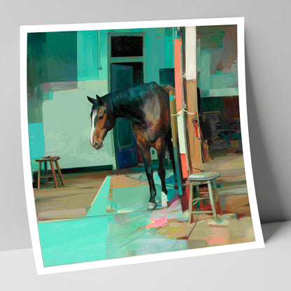 Quiet Yard in Teal horse stable art print
