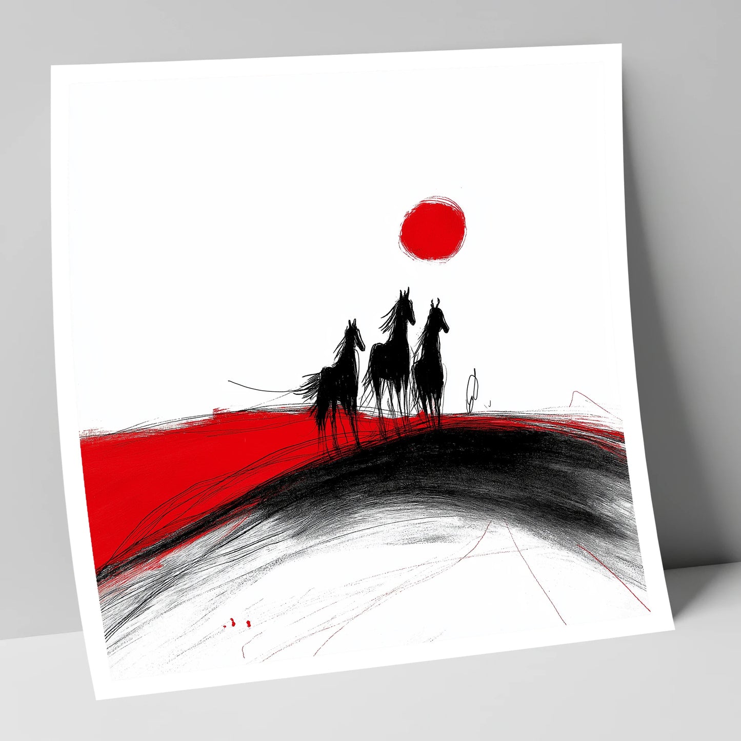 Crimson Sun Silhouettes horse landscape art print