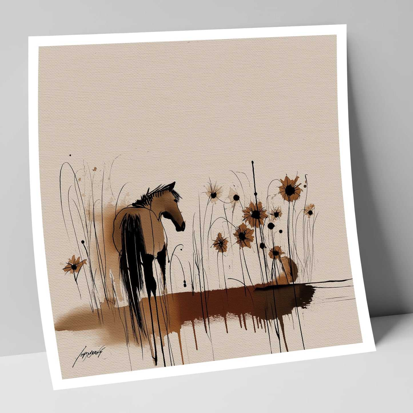 Sepia Meadow Silhouette horse landscape art print