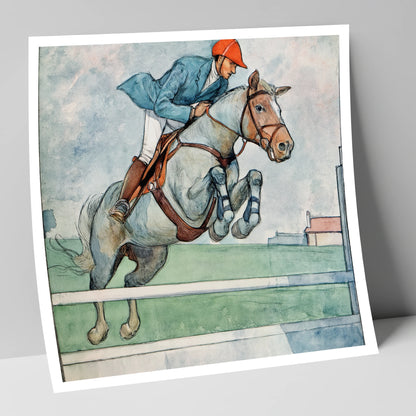 Clearing the White Rail show jumping horse art print