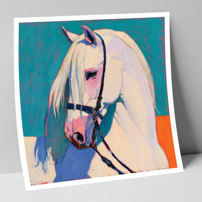 Vibrant Grey Horse on Teal horse breed art print