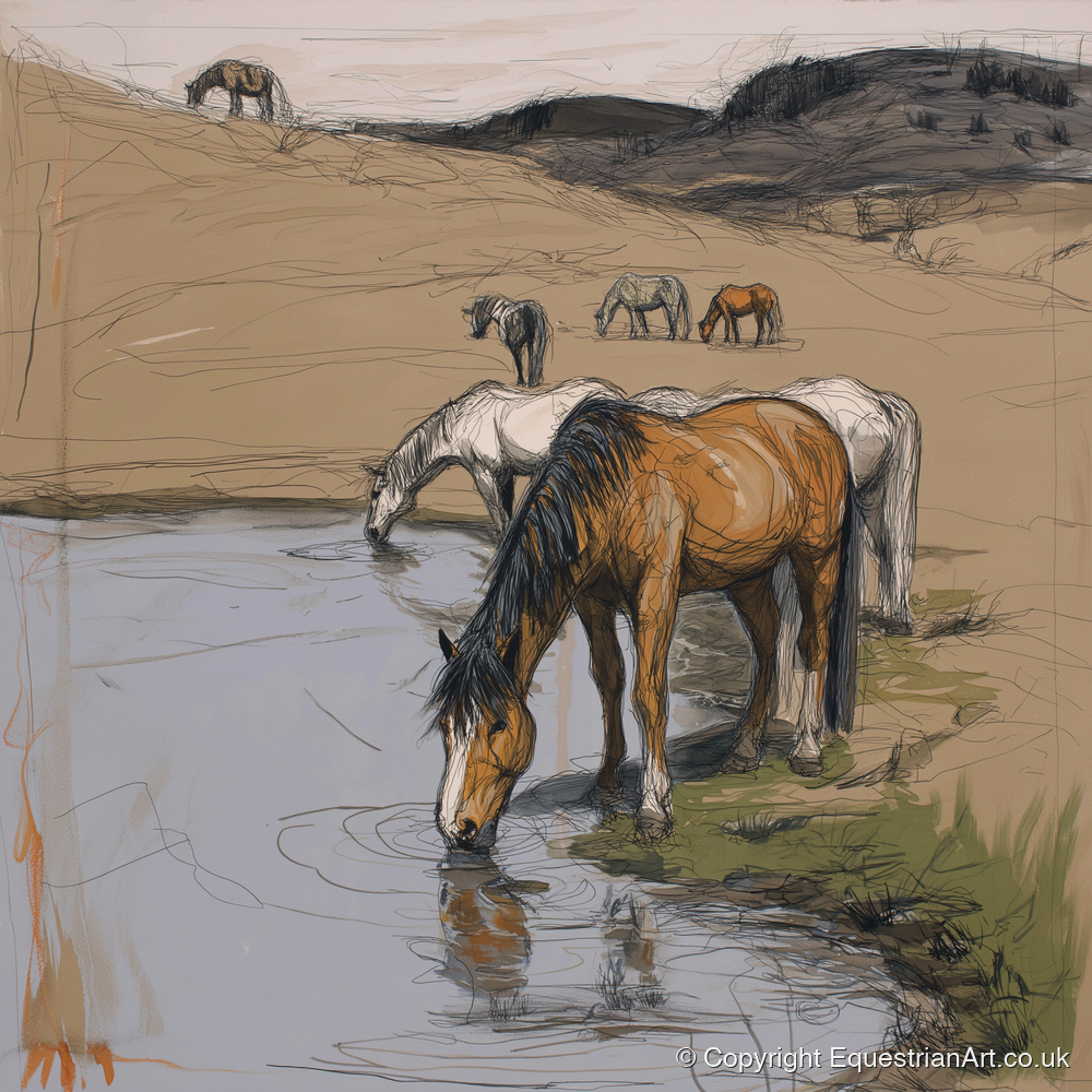 Quiet at the Waterhole - wild horses art print and canvas by Jasper Montgomery A.I
