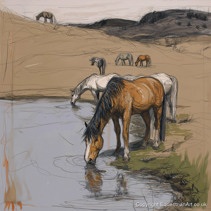 Quiet at the Waterhole - wild horses art print and canvas by Jasper Montgomery A.I