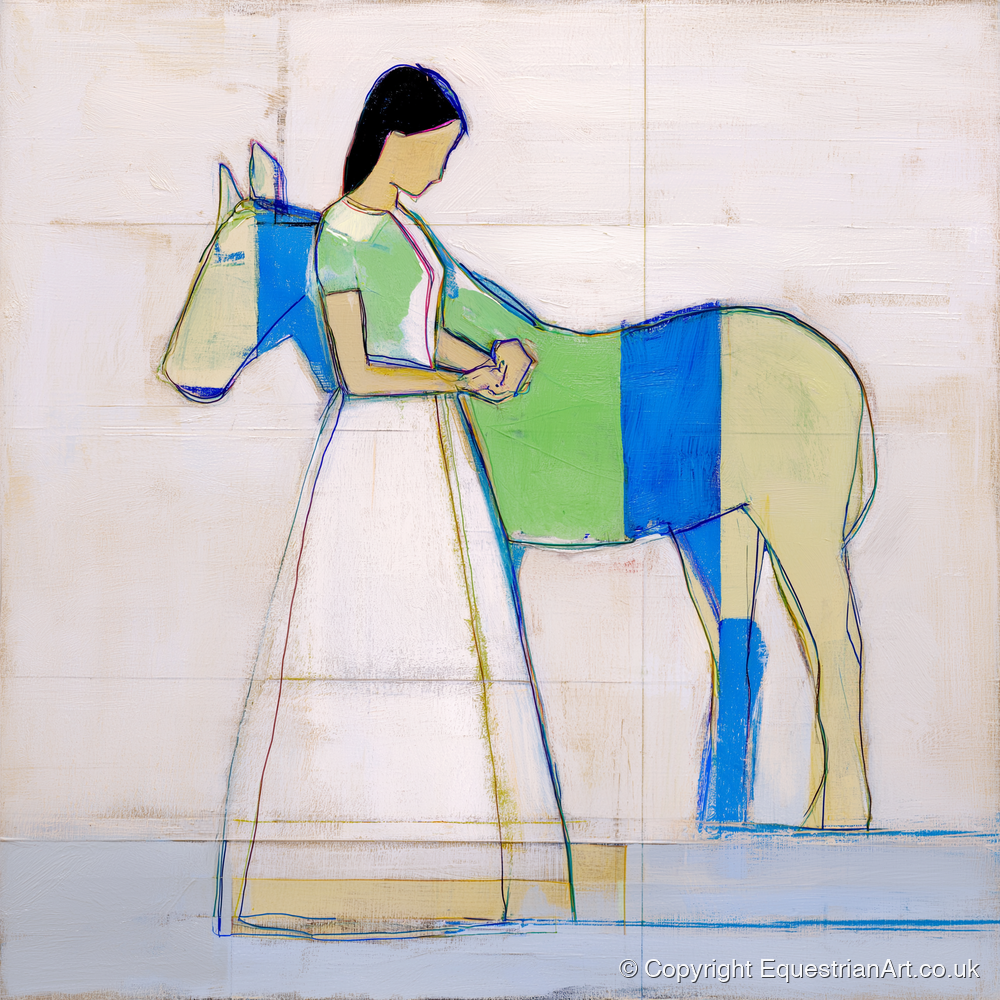 Quiet Blue Bond - horse & rider art print and canvas by Miles St. John A.I