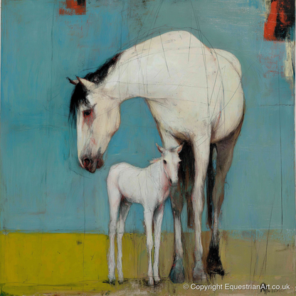 Quiet Bond in Teal - mare & foal art print and canvas by Margot Davenport A.I