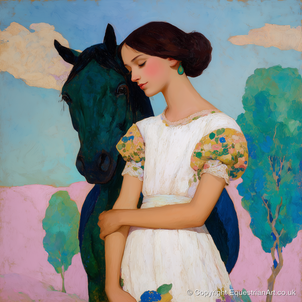 Quiet Colourful Bond - horse & rider art print and canvas by Aldous Trent A.I