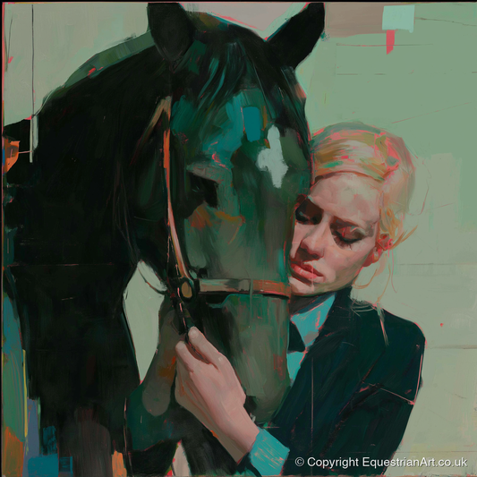 Quiet Connection - horse & rider art print and canvas by Quentin Hart A.I