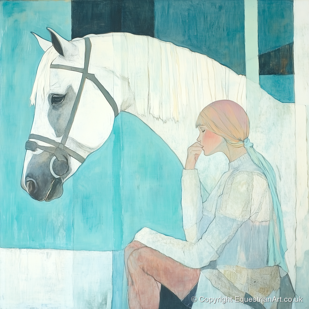 Quiet Contemplation - horse & rider art print and canvas by Flora Whitby A.I